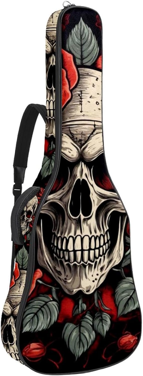 Acoustic Guitar Gig Bag 1 cm Thick Padding, Waterproof Electric Guitar Bag 40-42 Inch Guitar Case Backpack with Dual Shoulder Strap, Skull and Roses on Black Background