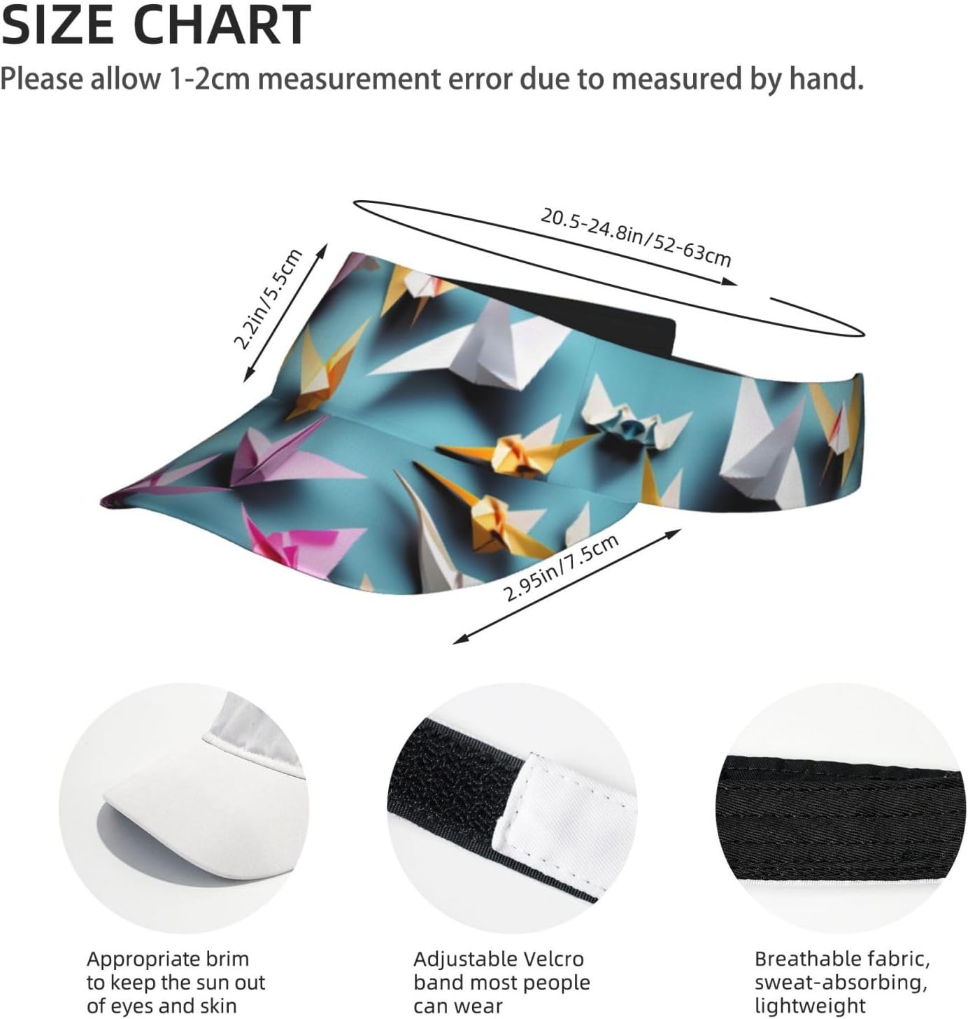 Origami Paper Cranes Print Sports Sun Visor Hats Adjustable Running Golf Tennis Sun Cap for Women Men Black