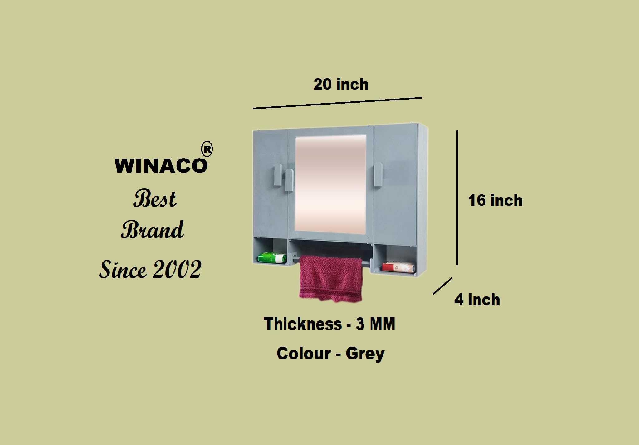 WINACO Diplomat Grey 3 MM Thickness (20" x 4" x 16" inch) Bathroom/Wash Basin/Wall Mount/Cosmetic/Groming kit Storage Mirror Cabinet/Storage Organizer/Make up Mirror 1