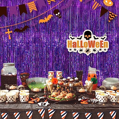 Image of 2 Pack Purple Metallic Tinsel Foil Fringe Curtains, Purple Streamers 3.3 x 8.3ft Party Streamers for Birthday Party Decorations, Foil Curtain Backdrop for Wedding Bachelorette Party, Halloween Decor
