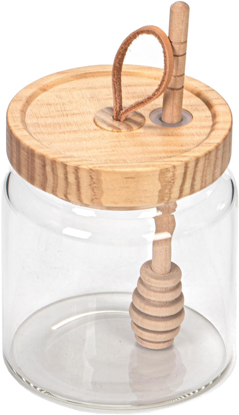 Honey Pot Airtight Glass Honey Jars with Dipper Stick and Wooden Lid, Honey Bottle Containers for Storing Honey, Honey Holder for Home Kitchen