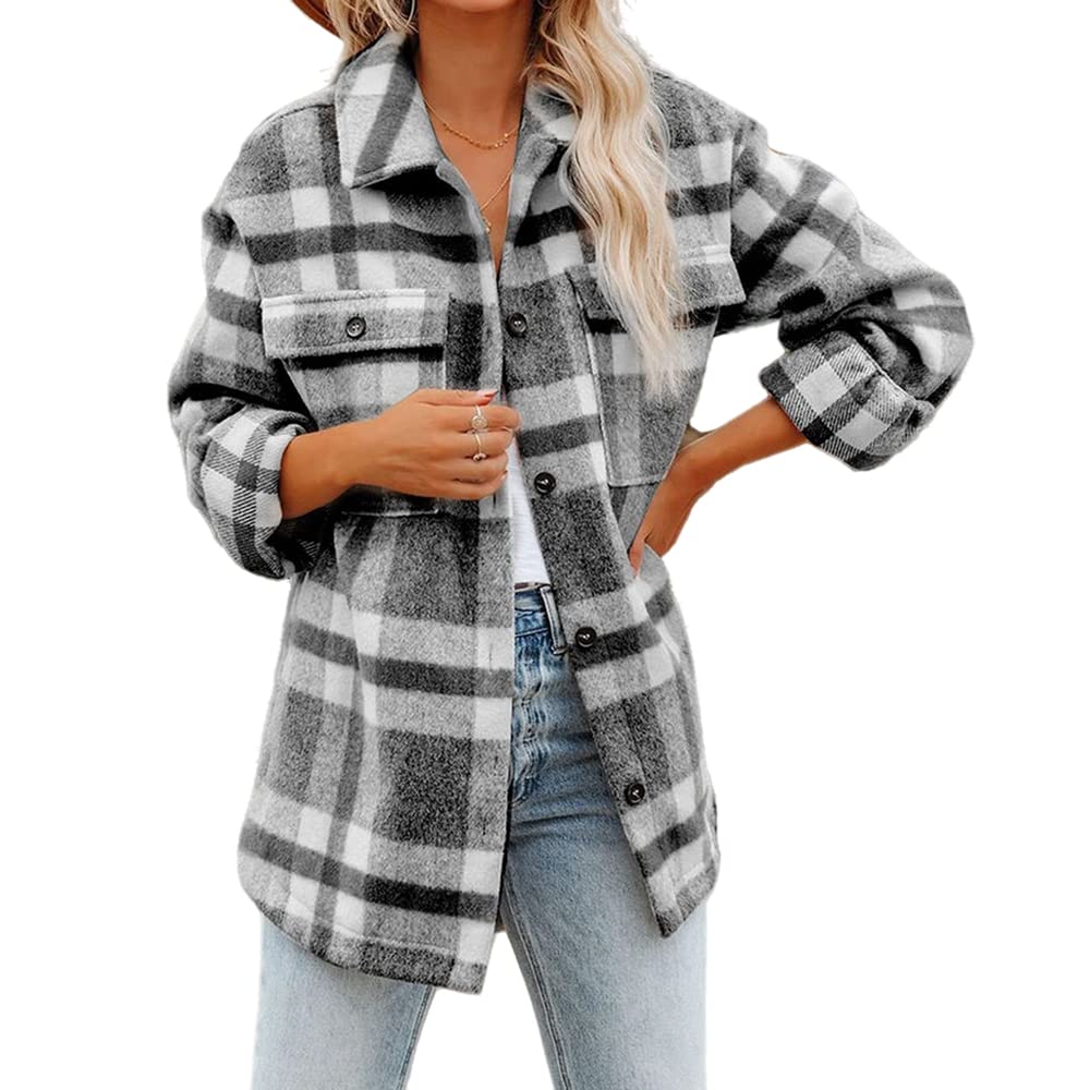 KCatsy Womens Shacket Overshirt Jacket Duffle Plaid Tweed Tartan Gingham Button Flap Pocket Shirt Coat Plus Size Outerwear