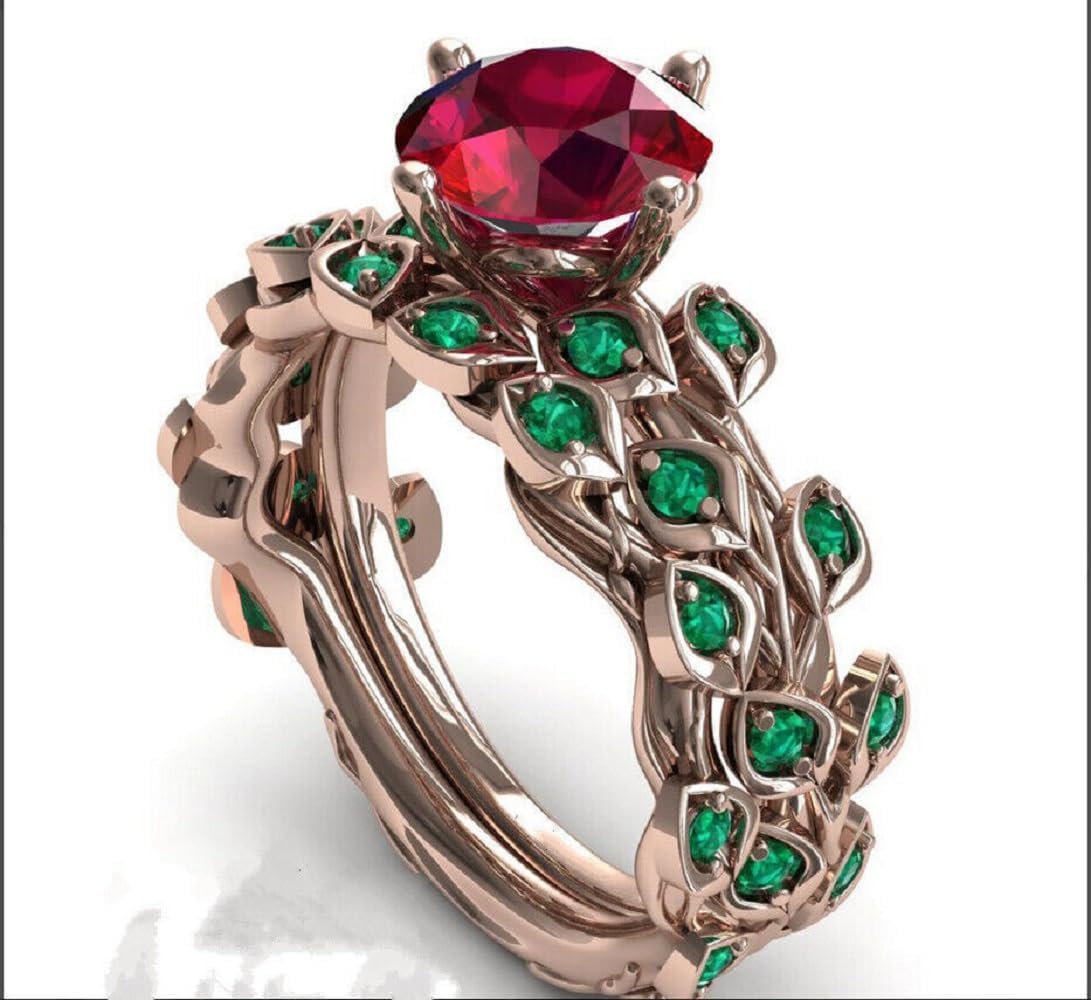 Round Cut Red Ruby & Green Emerald Women's Leaf Cluster Wedding Engagement Bridal Ring Set 925 Sterling Silver 14K Rose Gold Finish