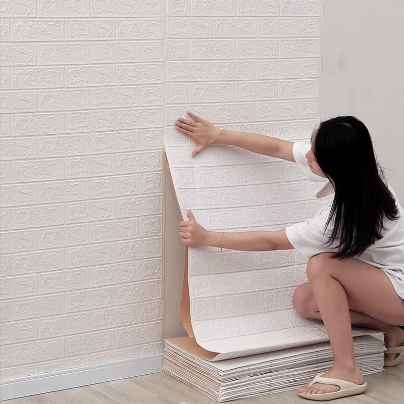 Miniatura 7 de Vzvegxt Paneles de pared 3D de longitud continua de 32.8 pies para despegar y pegar, papel tapiz de ladrillo de espuma blanca para dormitorio, panel