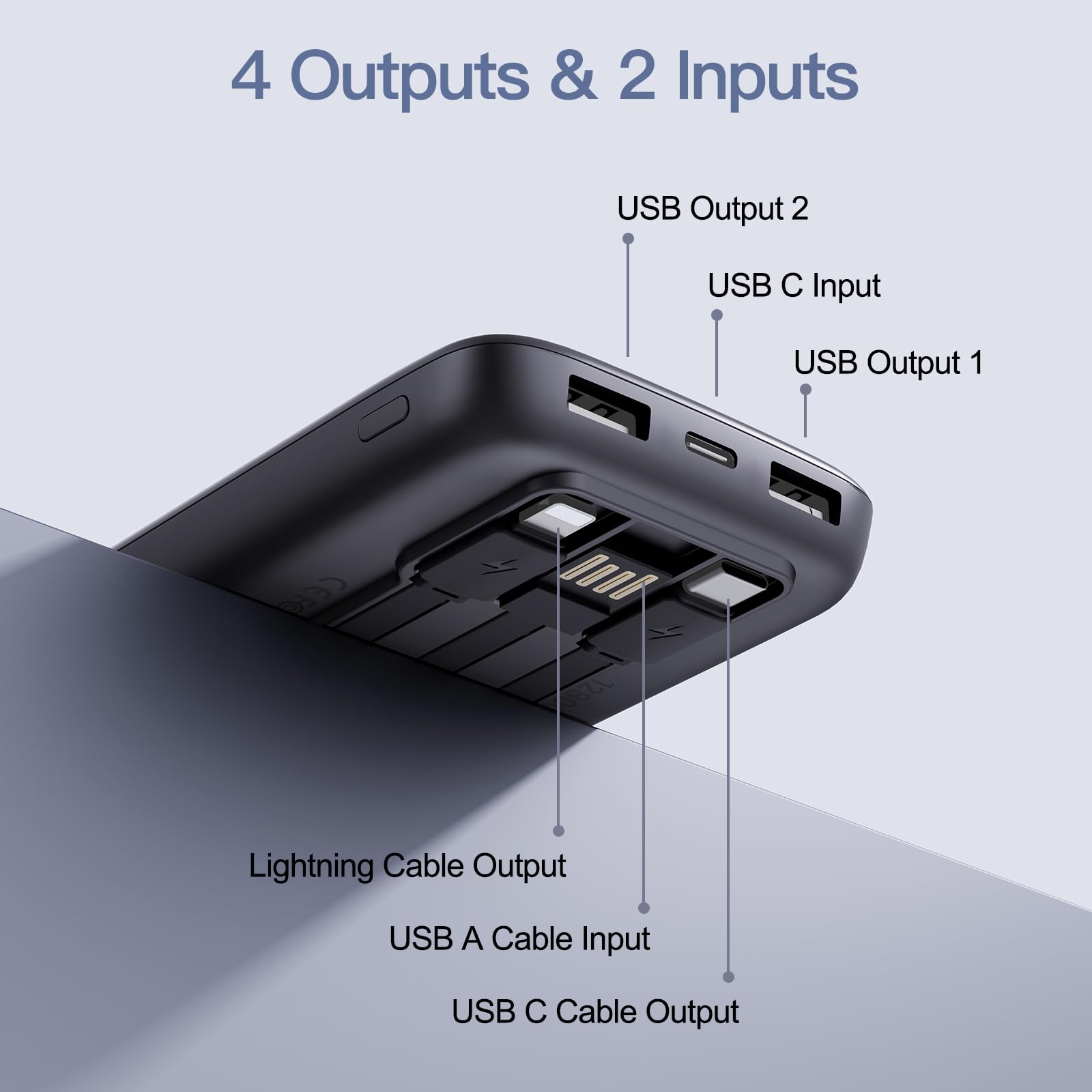 Paquete de 2 cargadores portátiles de 10000 mAh 2026 con cables integrados, paquete de batería esencial de viaje, 4 salidas, 2 entradas, banco de energía delgado con cables de cable para iPhone 17/16
