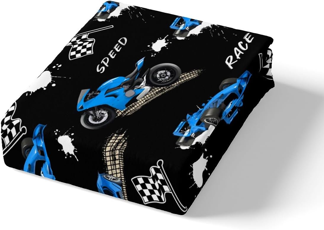 Feelyou Kids Blue Black Race Car Bed Sheet Set Full Size, Speed Sports Car Fitted Sheet Boys Girls Dirt Bike Motocross Bedding Set Racing Car Bed Cover (2 Pillow Cases and a Fitted Sheet)