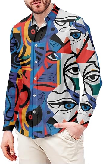Mens Casual Picasso Art Geometry 3D Print Button Down Shirt Long Sleeve Shirt