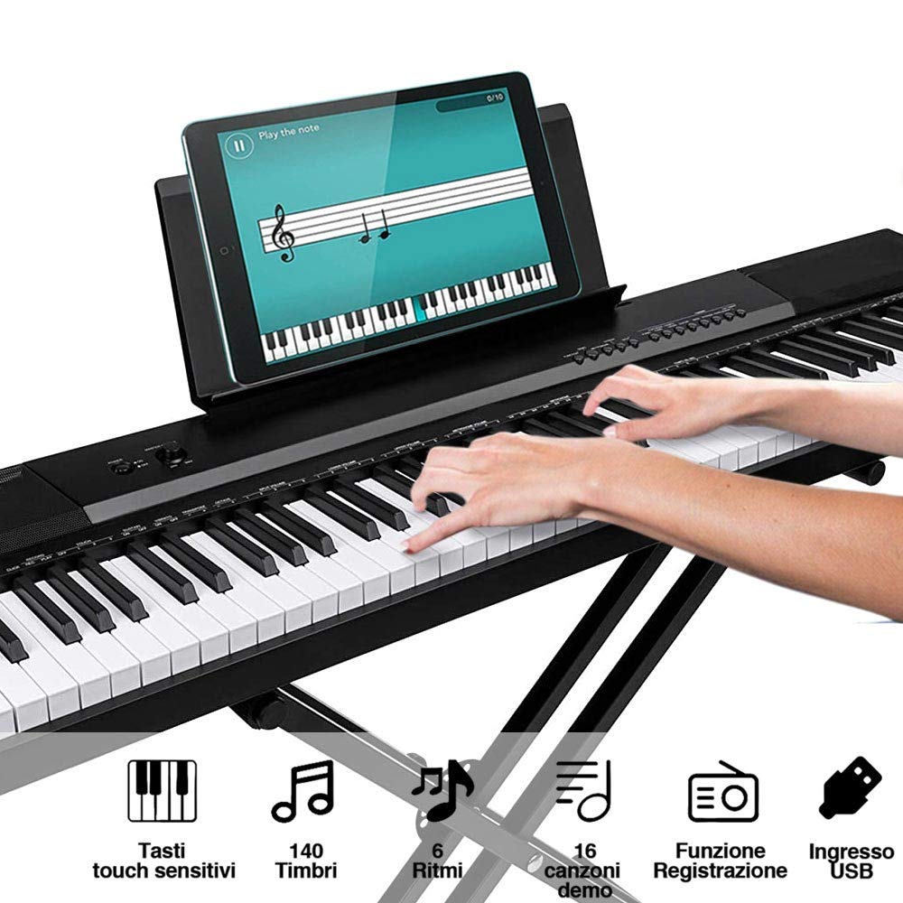Bakaji - Teclado musical plano electrónico, 88 teclas semipesadas, piano multifunción con 140 ritm, 6 instrumentos musicales, función Split Twinova, entrada AUX USB + pedal atril y soporte