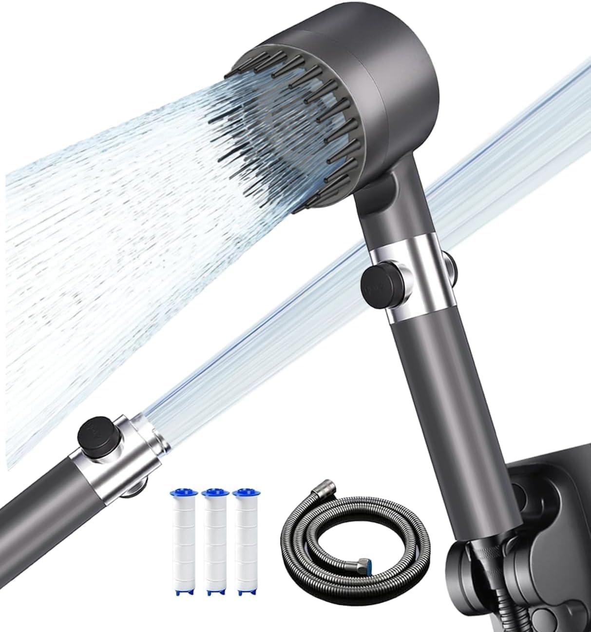 Hard Water Filter Shower Head with 4 Modes, 15 Layers Filtration Water Saving High Pressure Shower Heads and 1.5m Hose, with Pause Switch, Suitable for Elderly Children and Pets Bathing Grey