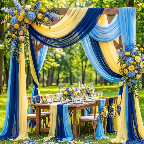 Image of Amalfi Coast Wedding Arch Draping Fabric 3 Panels Blue Yellow Lemon Drapes 2.46 x 20ft Sheer Chiffon Fabric Backdrop for Wedding Ceremony Birthday Party Bridal Shower Decoration