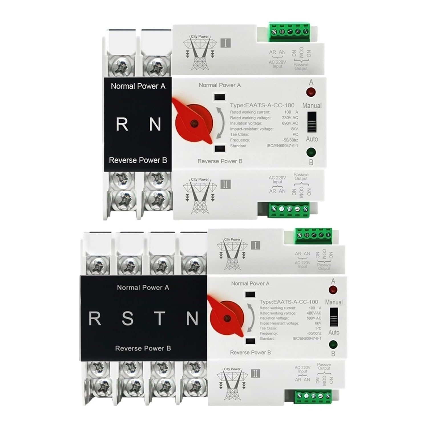 Din Rail 2P 4P ATS Dual Power Automatic Transfer Switch Electrical Selector Switches Uninterrupted Power 100A Circuit Breaker(2P,220V)