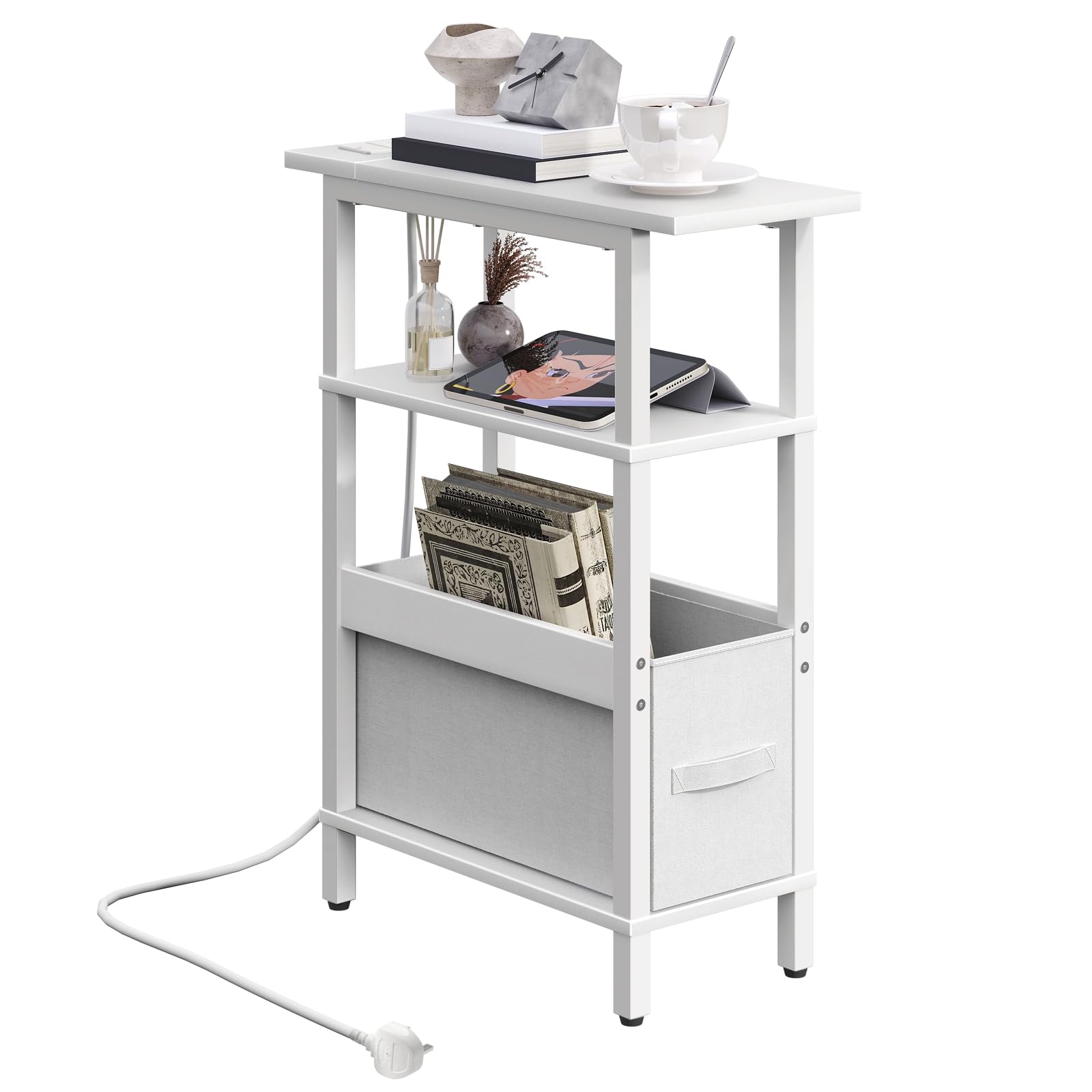 MAHANCRIS Narrow Side Table with Charging Station, 3 Tier Small End Table for Small Spaces, Slim Side Shelf with Storage, for Living Room, Bedroom, White AETBW125KE01