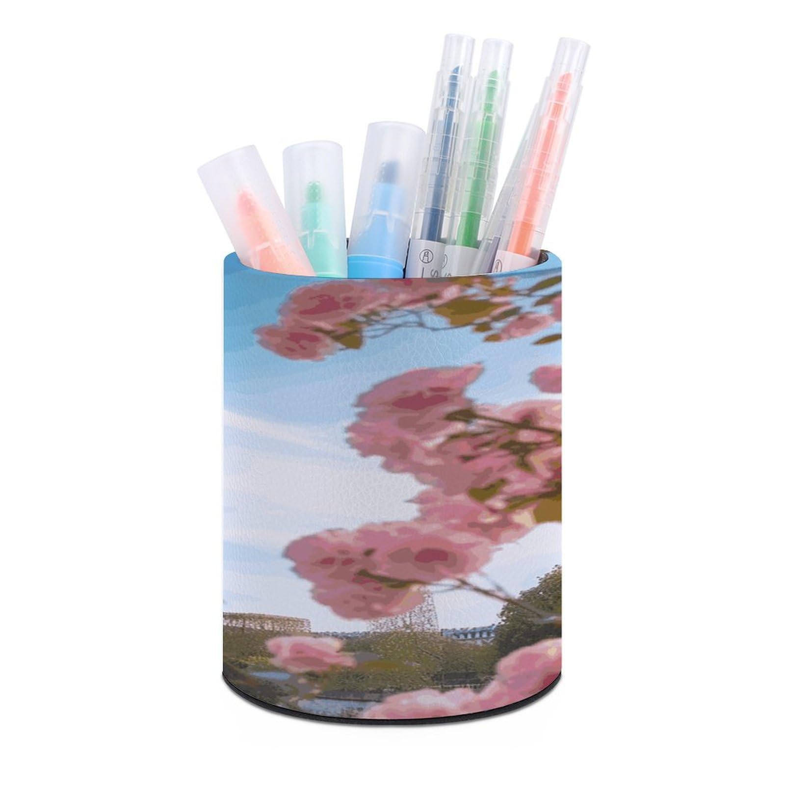 LDGSUPH Paris Eiffel Tower with Flowers Round Pen Holder Leather Pen Cup Pencil Cup Pen Organizer Pencil Holder for Desk Organizer Pencil Organizers Makeup Brush Holders for Home Office Gift