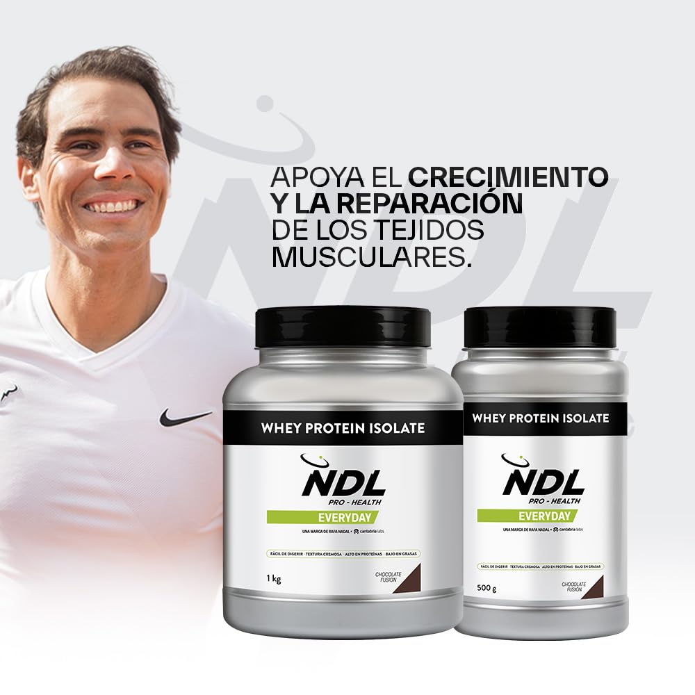 NDL Pro-Health Proteína Isolate Chocolate | 90% Aislado de suero | Probióticos Pepzyme Pro® | Bajo en azúcar y grasas | Alta pureza y digestibilidad | 500g | Una marca de Rafa Nadal & Cantabria Labs