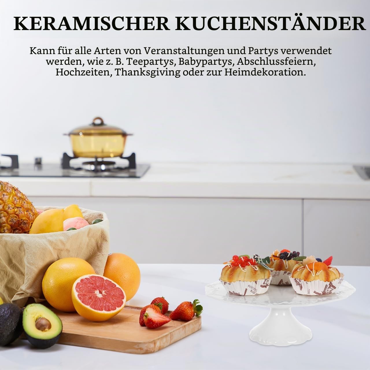 DOITOOL Keramik Tortenständer 9.84 Zoll Rund Kuchenaufbewahrungsablage Mit Relief-Obststand Kuchenservierungsstand Für Cupcakes Desserts Kekse Früchte Süßigkeiten Partys Hochzeiten