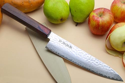 Miniatura 3 de Yoshihiro Juego de cuchillos de chef Gyuto de Damasco martillado de 46 capas y cuchillo utilitario (Gyuto 8.25 pulgadas (8.268 in) y pequeño 6