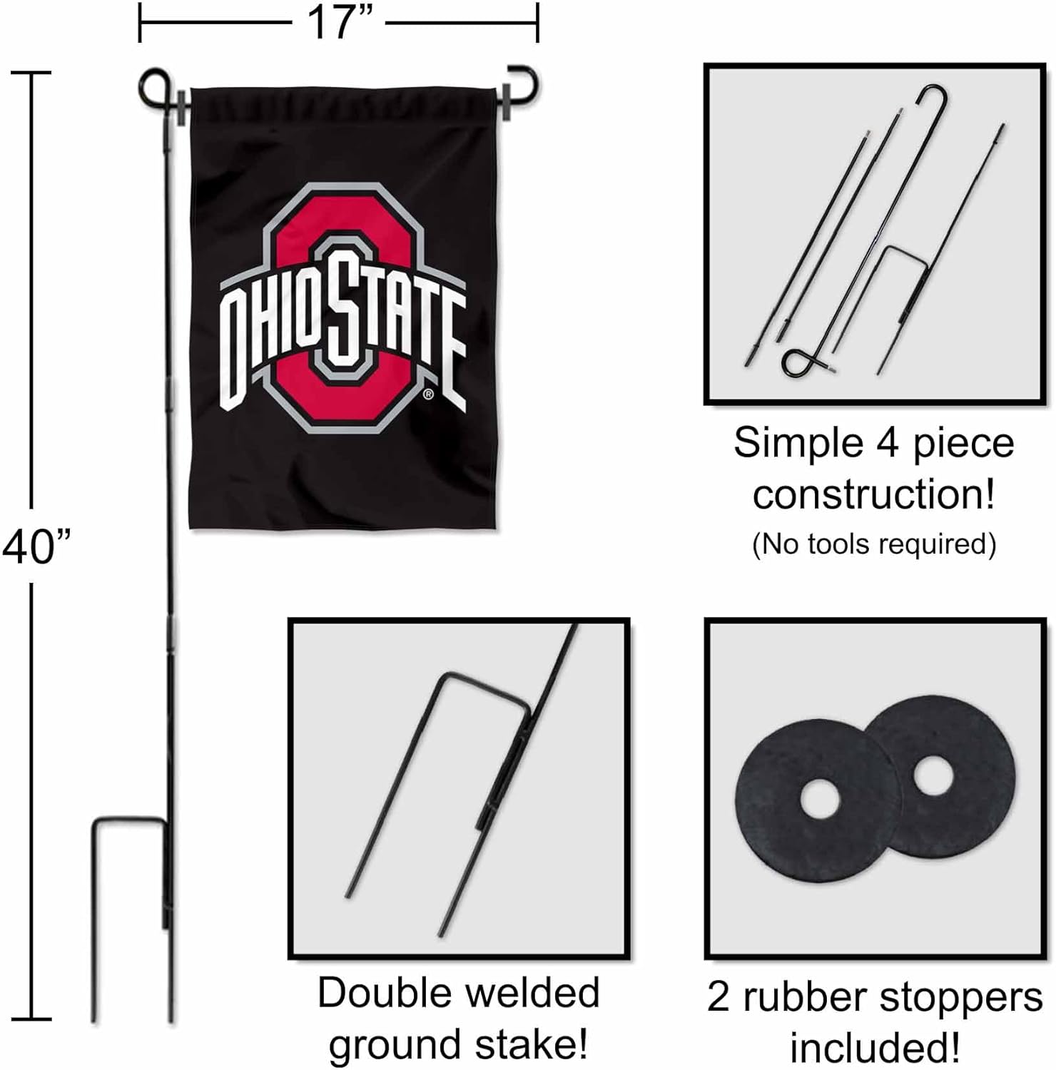 Ohio State Buckeyes Black Garden Flag with Stand Holder - Image 3