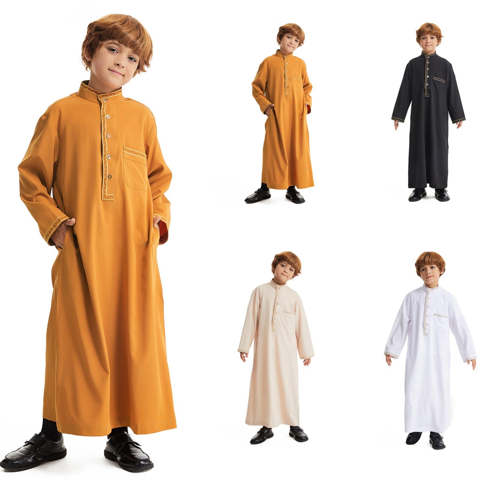 Eid ubrania dla chłopców biała Thobe muzułmańska szata z długim rękawem zapinana na guziki chłopcy Jubba z kieszeniami kaftan haftowana odzież narodowa Abaya dla dzieci na prezenty Eid i piątkowe