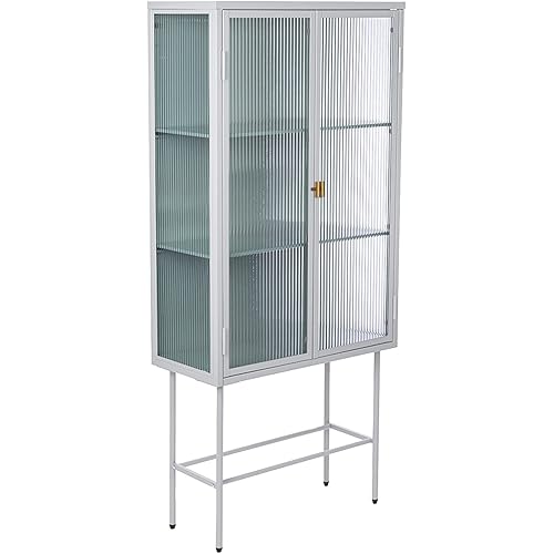 Stylish Fluted Glass Storage Cabinet,Tall Freestanding Display Cupboard with Glass Doors Three Detachable Shelves Bottom Space,for Office Dining Room Living Room Bedside Entryway-White