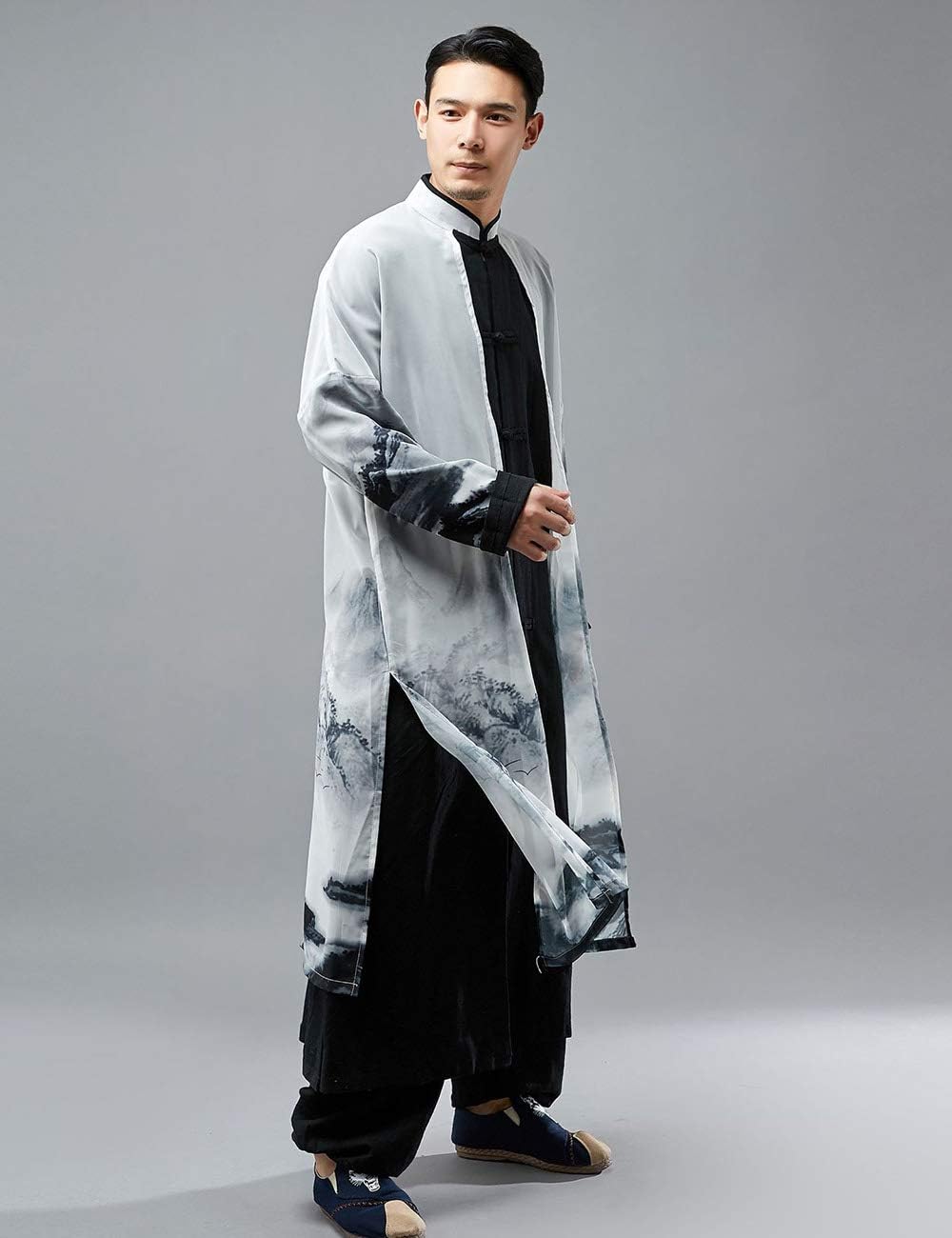 LUZU JUNU Men's Trench Coat Long Printed Tang Suit Kung Fu Cotton Linen Robe Chinese Style Fake Two Piece Jackets