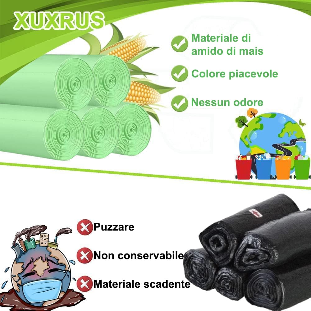 XUXRUS 200 Pezzi Sacchetti Spazzatura Piccoli, Sacchetti Rifiuti 10 Litri 45x50cm, Anti-Perdite, Senza Odore, Ultraresistenti per Cucina, Soggiorno, Ufficio (Verde)