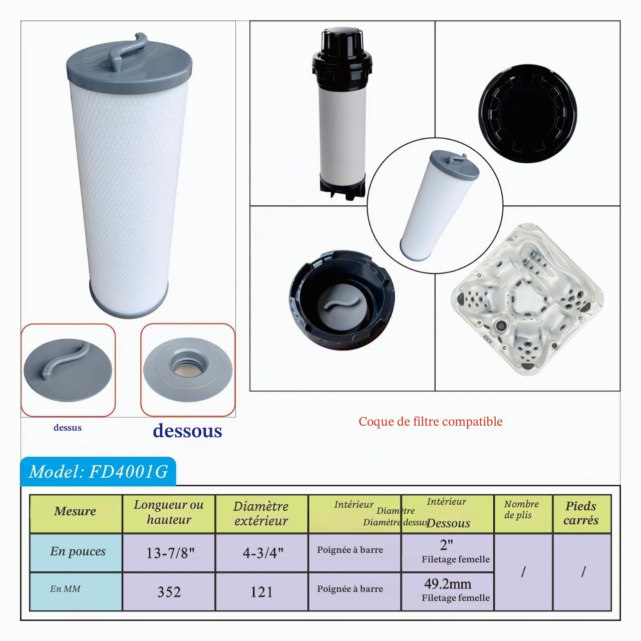 Malaka FD4001G Cartouche Filtrante pour Spa Compatibles avec 006541, Silver Sentinel, 900011, RD800-2120, PP6541, Filetage Femelle, Lot de 2