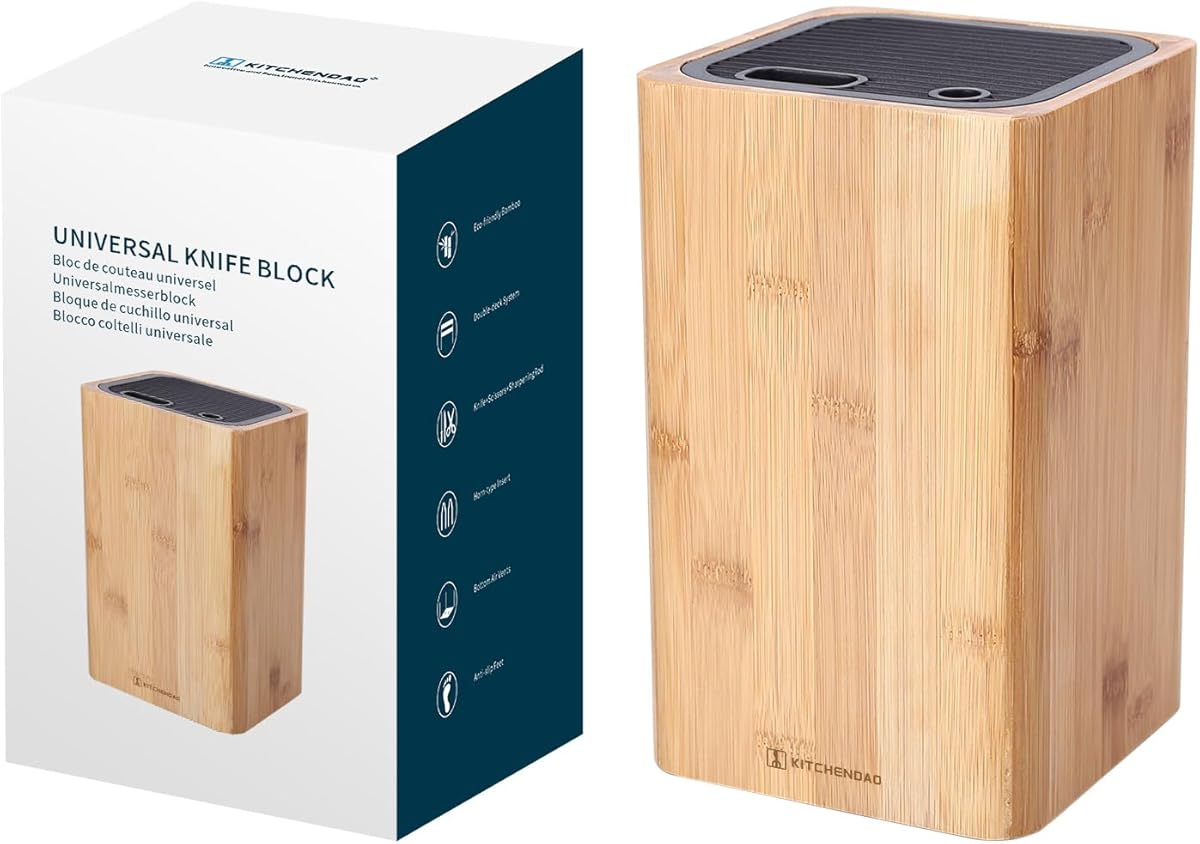 Deluxe Universal Knife Block with Slots for Scissors and Sharpening Rod - Bamboo Knife Holder For Safe, Space Saver Knives Storage - Unique Slot Design to Protect Blades - by KITCHENDAO