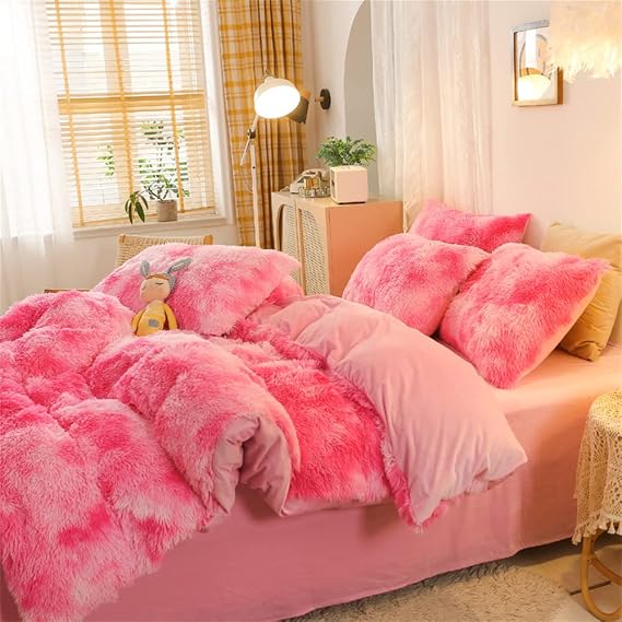 Faux Fur Plush Comforter Set Full/Queen Tie Dye Pink White Shaggy Fluffy Fuzzy Comforter Luxury Ultra Soft Microfiber Bedding Set 3 Pieces (Comforter x 1 Pillowcases x 2) ...