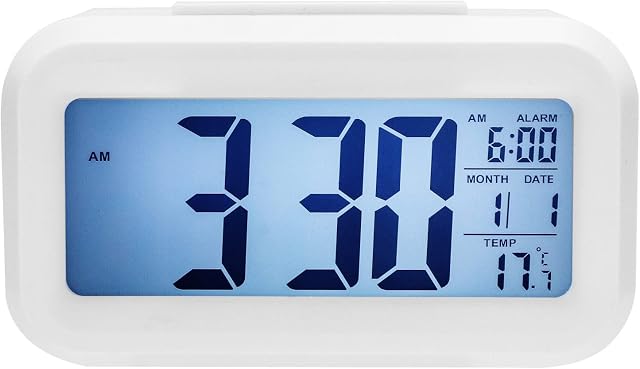 Youyijia Digital Alarm Clocks Bedside Smart LCD Digital Display Brightness Sensor LED Clock Battery Backlit Clock Snooze with Date Calendar Temperature for Bedroom Home Office Travel Kitchen (White)