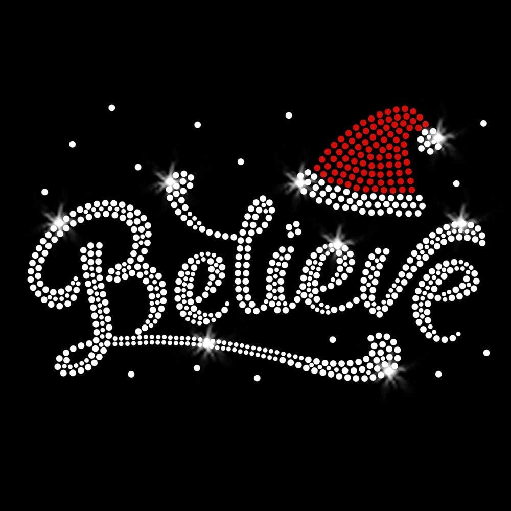 Santa Claus Hat Believe Christmas Sparkly Iron-on Rhinestone Crystal Bling T-Shirt Transfer by JCS Rhinestones