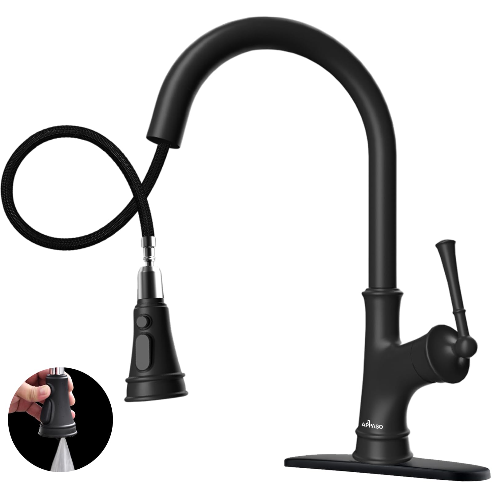 APPASO Matte Black Kitchen Faucet with Pull Down, Single Handle High Arc Pull Out Kitchen Sink Faucets with Deck Plate, Single Hole