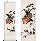 Xzhipeng Rooster Accompany Young Cock Chinese Painting Prints on Rice Paper on Silk Scroll Living Room Oriental Minimalist Kitchen Wall Decoration (AS6,16 x 59 inches)