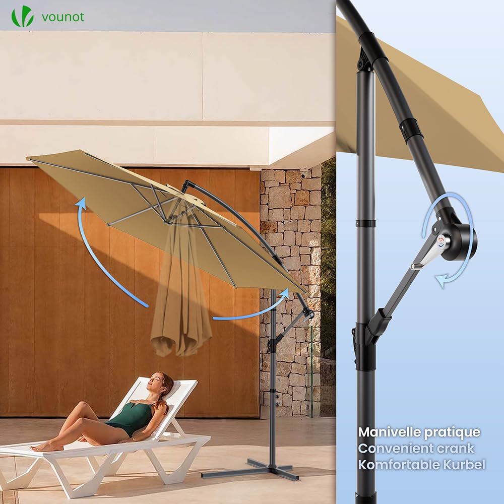 VOUNOT® 300 cm Parasol Excentrico, Sombrilla de Jardín con Manivela y Funda Protectora, Protección UV, Caqui