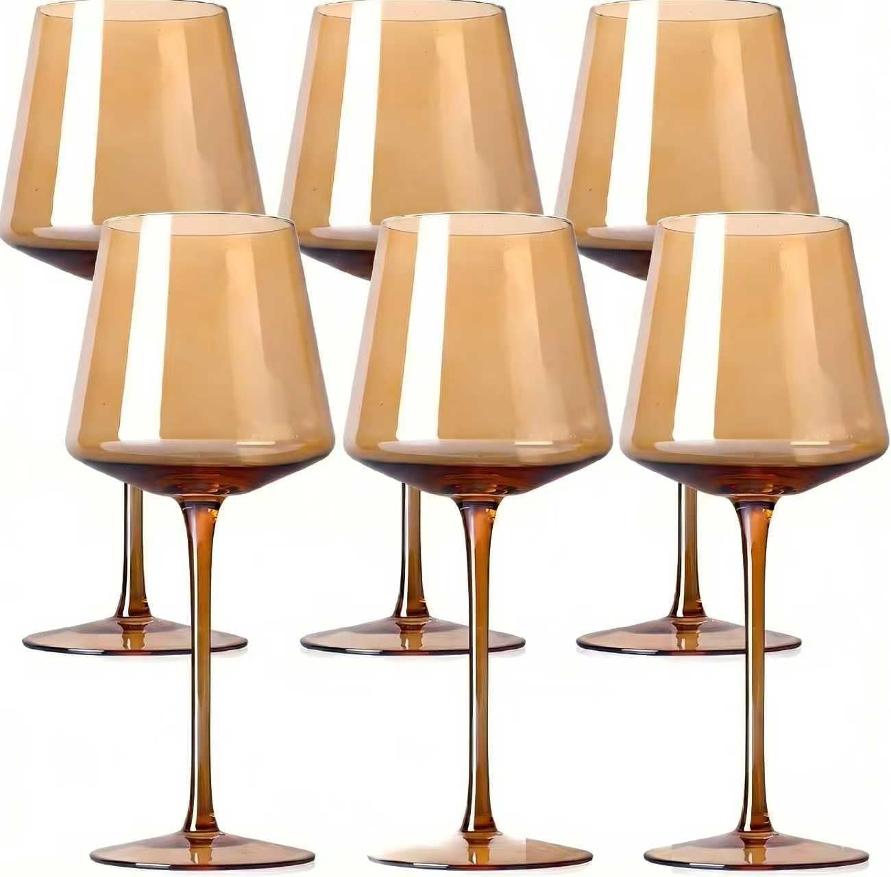 Physkoa Amber Wine Glasses Set of 6-16oz Hand-Blown Amber Wine Glass with Long Stem Unique Red&White Wine Glasses For Party Home Bar New Year Gifts
