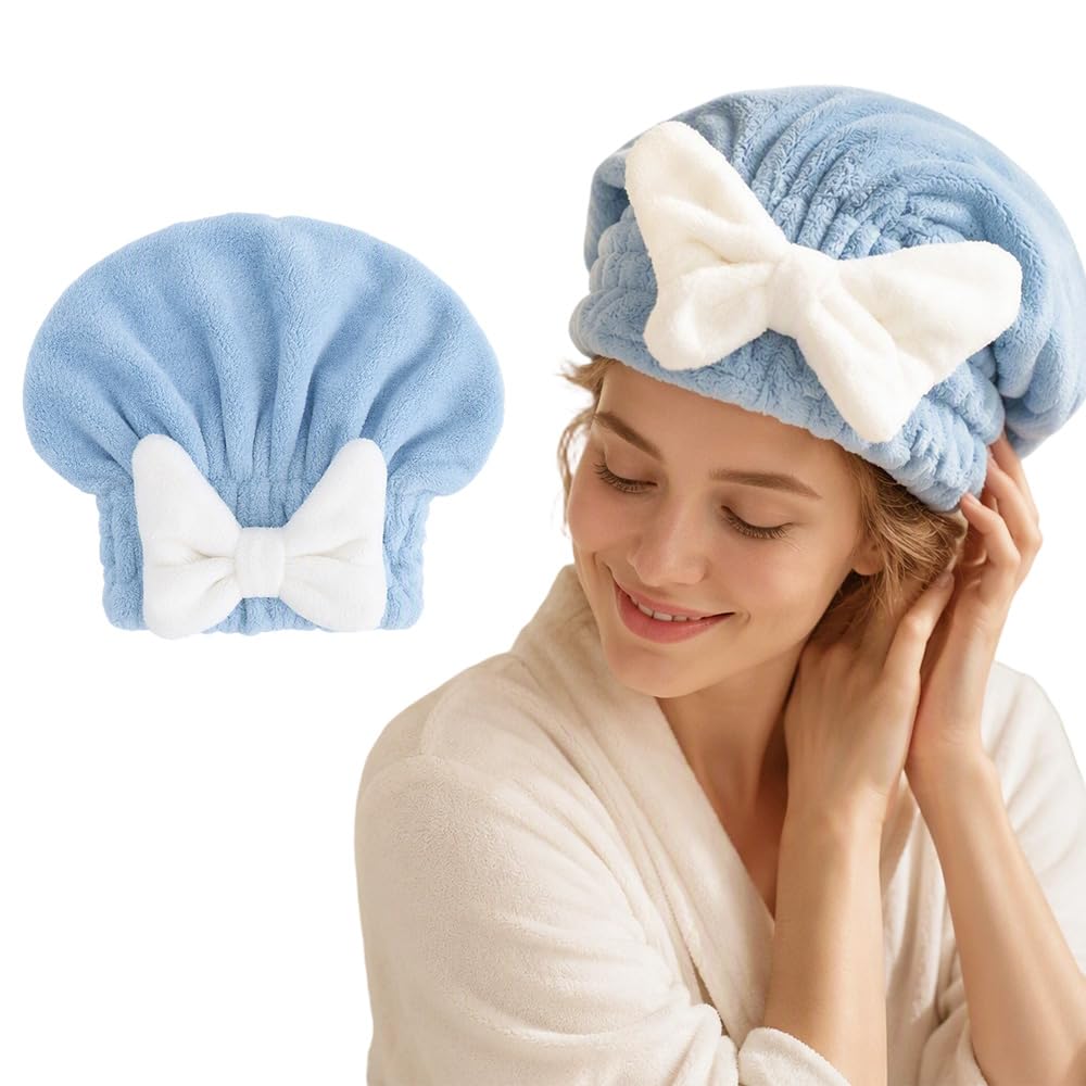 Ultra-Absorbent Fast-Drying Coral Fleece Hair Towel (Blue) | Large Bow, Stretchy Elastic…