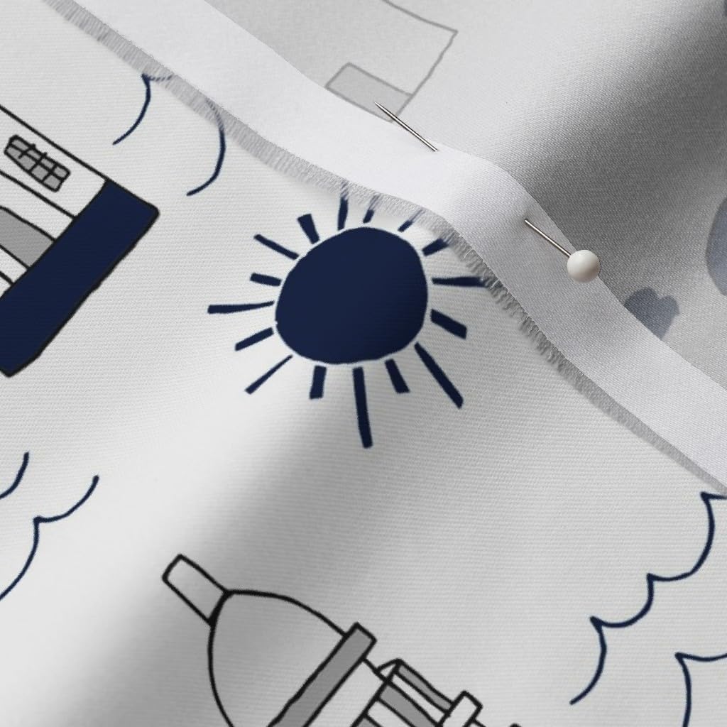 Spoonflower Fabric - Navy White Summer Nautical Ocean Sea Lighthouse Kids Printed on Organic Cotton Sateen Fabric by The Yard - Sewing Quilting Apparel Home Decor