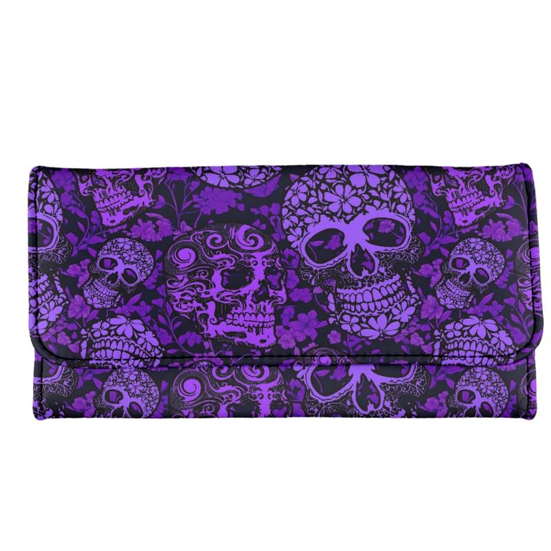 Jolamirel Women's Purple Skull Floral PU Leather Tri-fold Zipper Wallet, Candy Skull Buckle Elegant Clutch