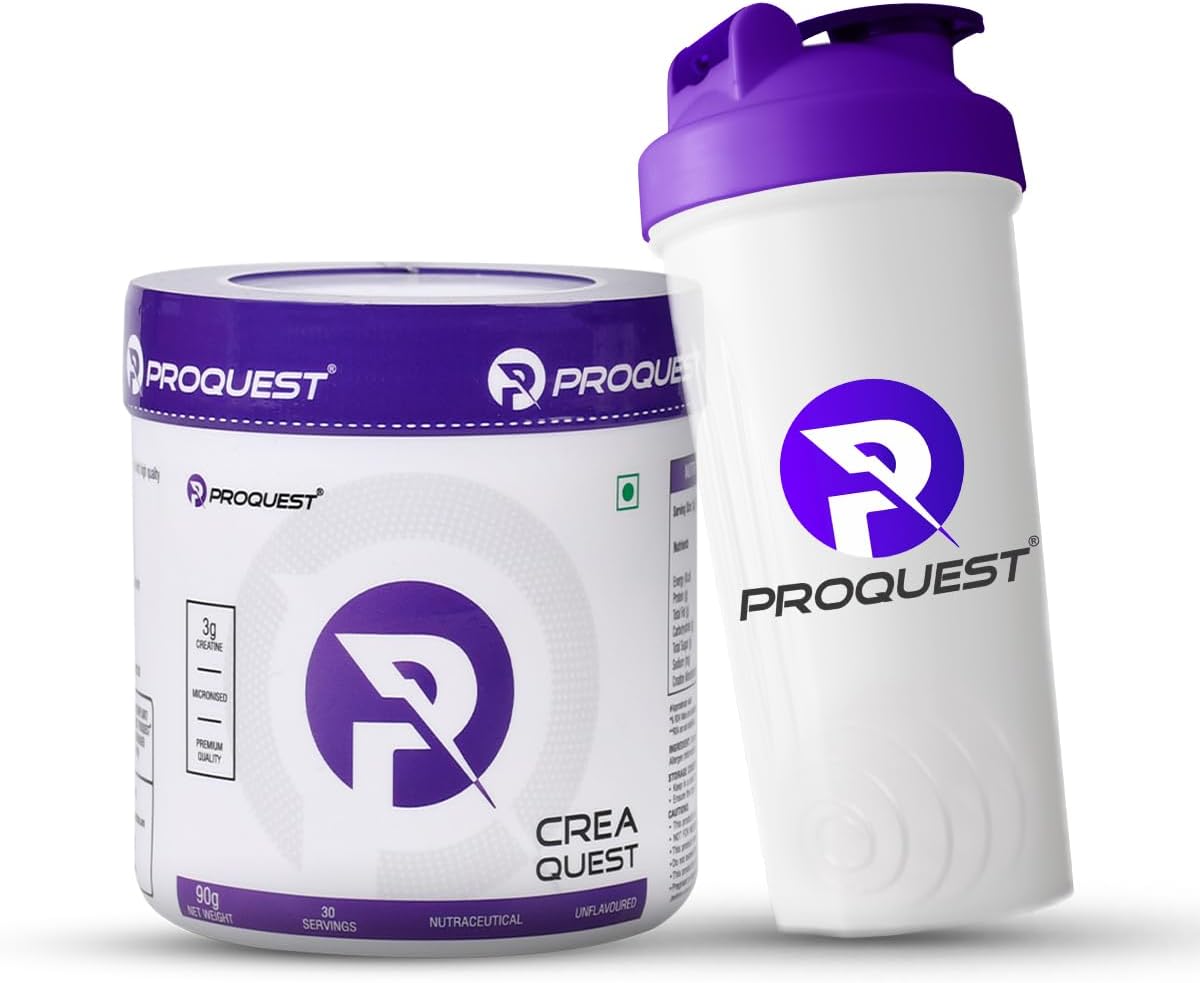 PRO QUEST CreaQuest-Pure Micronized Creatine Monohydrate with Shaker (90G,30 Servings) Unflavoured,Lab Tested & Certified|Rapid Absorption|Enhanced Muscle Strength & Power|Fast Recovery,Powder,2 count
