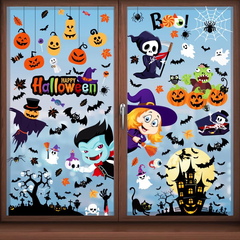 Enwokran Halloween Window Clings & Stickers - Double Sided Removable Decals for Indoor & Outdoor Home Decor - 9 Sheets