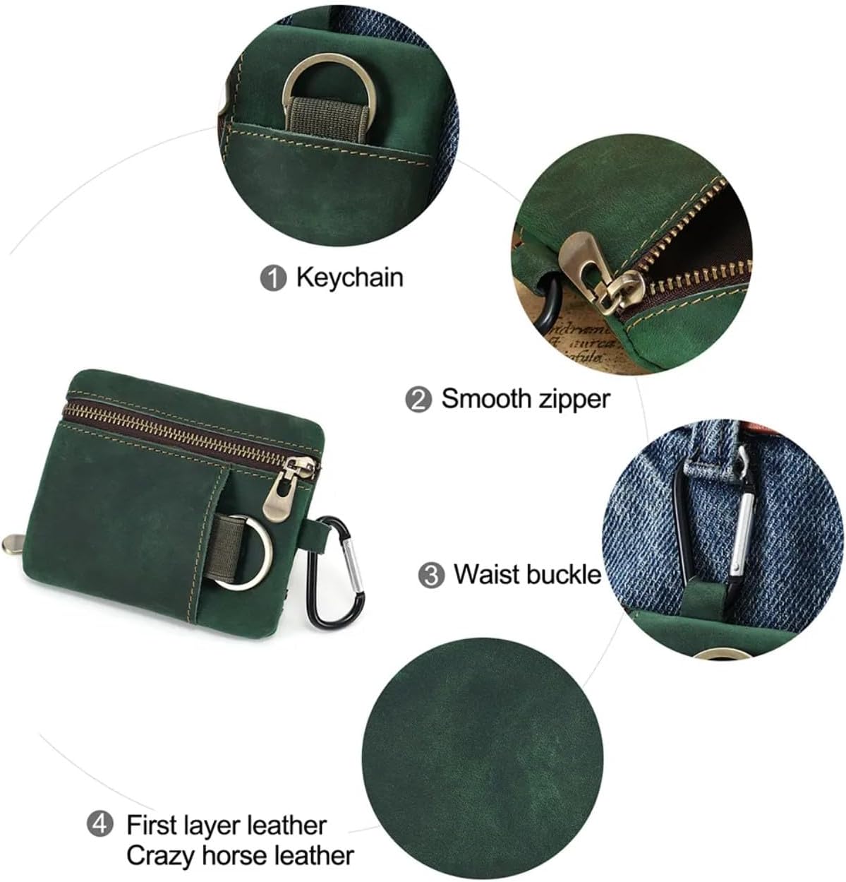 Men Genuine Top Grain Cow Leather Coin Purse with Key Ring & Clip. Retro Slim Minimalist Wallet Card Case (Brown).
