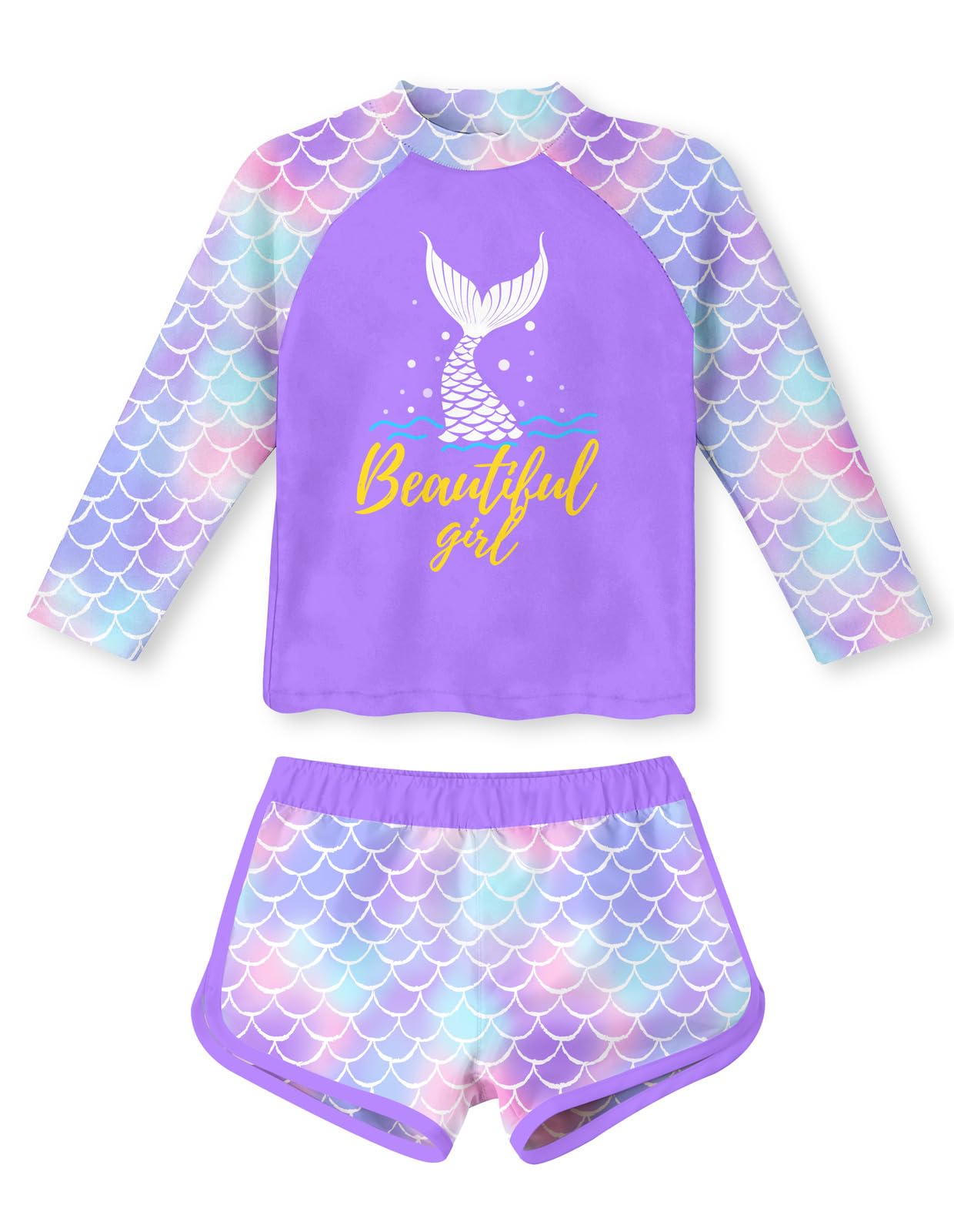 5 6 Years Old Girl's Long Sleeve Rash Guard Little Girl Mermaid Swimwear with Shorts 2 Pieces Swimsuit for Girls 5/6 Soft Sun Protection Rashguard Purple Bathing Suits for Kids Stretch Beach Suit