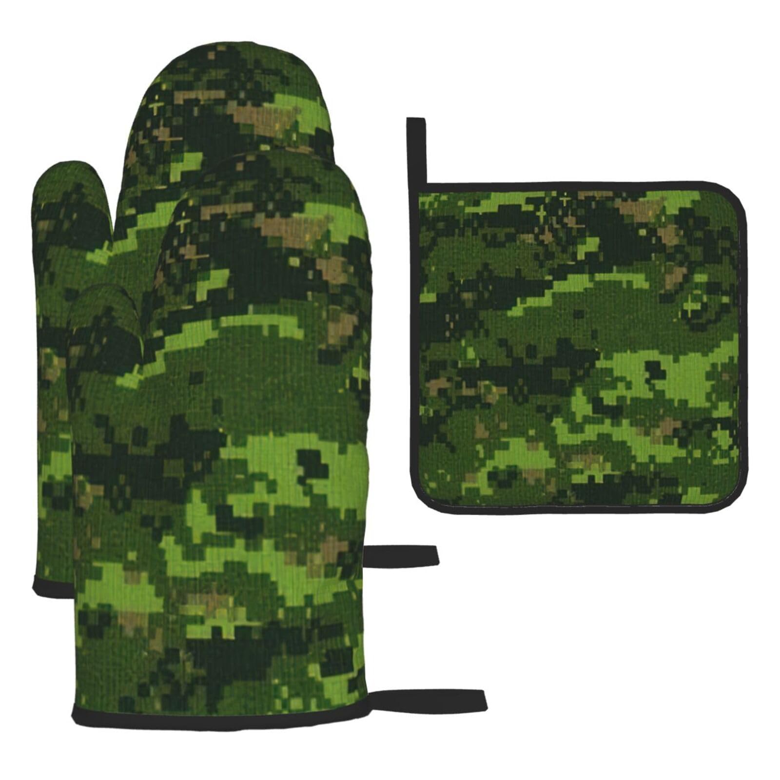 Green Army Digital Camouflage Print Oven Mitts Kitchen Gloves Set Everyday Baking Grilling Microwaving Cooking Gift