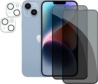 [2+2 Pack] Privacy Screen Protector for Apple iPhone 14 Plus, Anti-Spy Shatterproof Tempered Glass with Camera Lens Tempered Glass 9H Hardness Bubble Free Anti-Glare Case Friendly