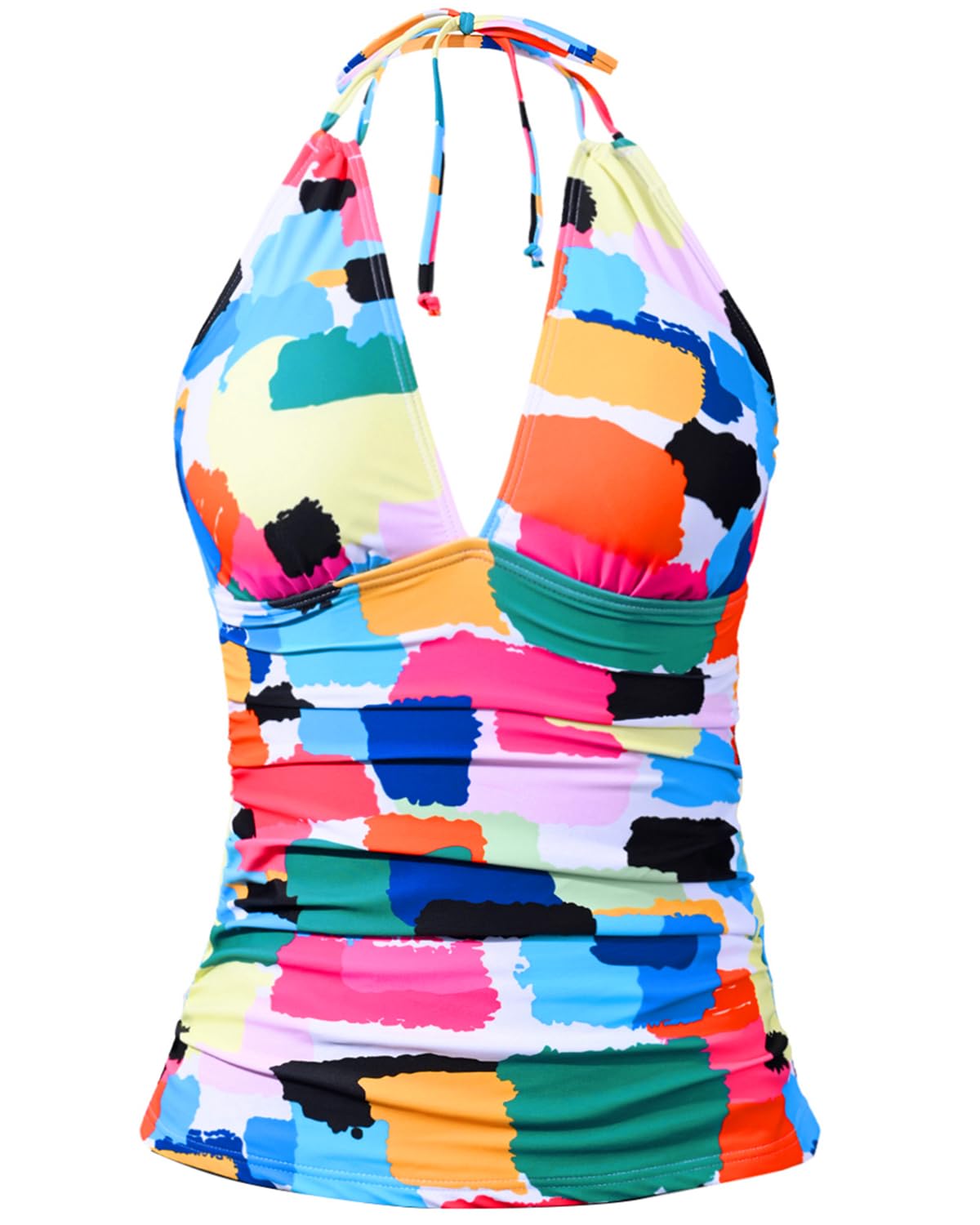 Women's Halter Tankini Top No Bottom V Neck Swimwear Swim Top Tummy Control Bathing Suit Top, Color Block, Small-image-37