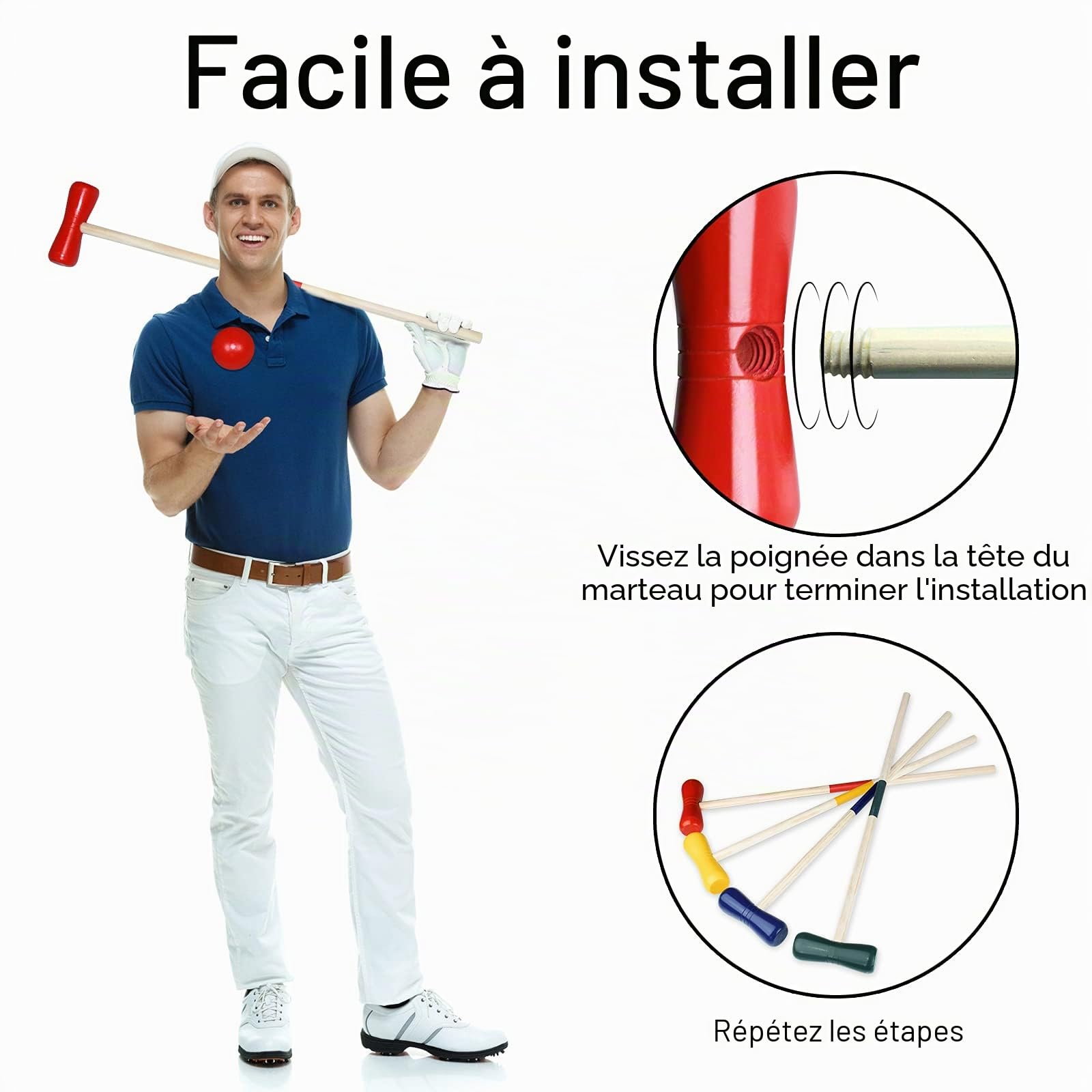 YRHome Jeu de Croquet d'Extérieur en Bois - Jouet Traditionnel pour 4 Joueurs - Enfants et Adultes - Avec Piquets, Maillets, Balles, Wickets