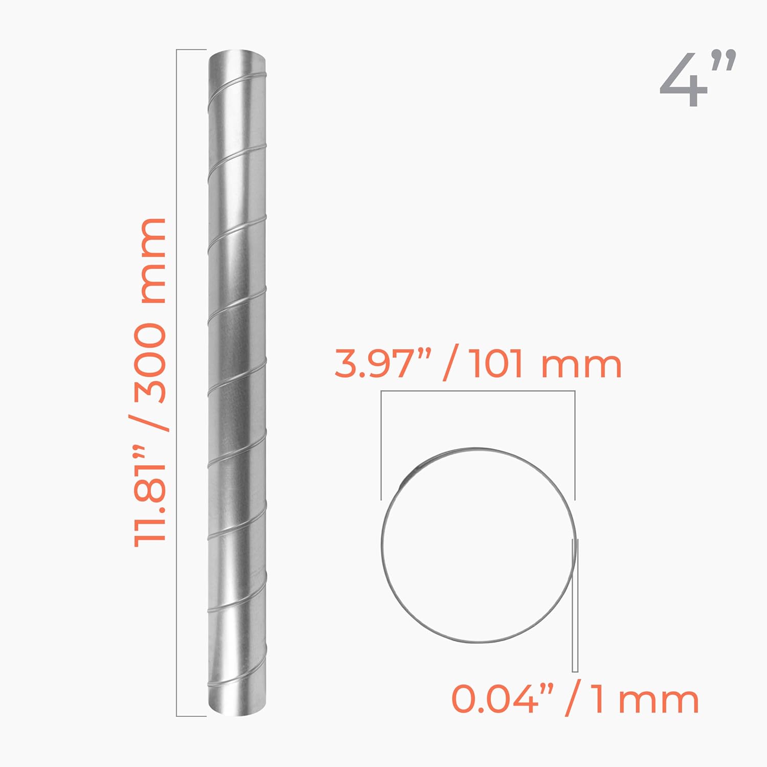4" Inch Galvanized Steel Spiral Air Ducting Pipe - 45" Inch / 3.8 Feet Long Round Metal Dryer Vent Duct - Air Supply, Air Exhaust, Air Intake - HVAC Systems - Exhaust Dryers, Air conditioning