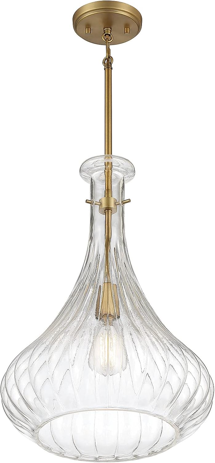 Savoy House 7-2265-1-322 Bristo Industrial Clear Fluted Glass Pendant, 1-Light 60 Watt, 20" H x 14" W, Warm Brass