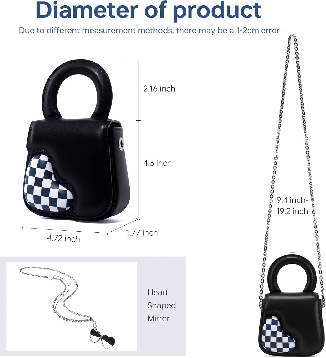 LA'FESTIN Mini Crossbody Bag for Women Genuine Leather Top-Handle Handbag with Heart-shape Mirrors & Long Chain Strap