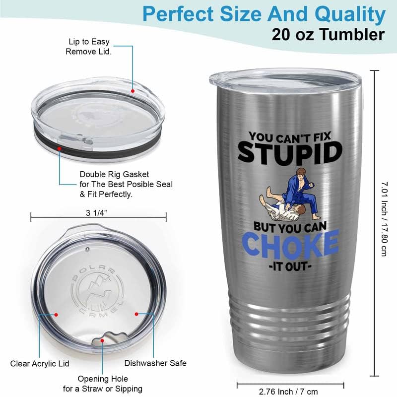 Jiu Jitsu Silver Tumbler 20oz - You can't fix stupd - Martial Arts Gifts for Men Brazilian Jiu Jitsu Black Belts Martial Arts Fighter