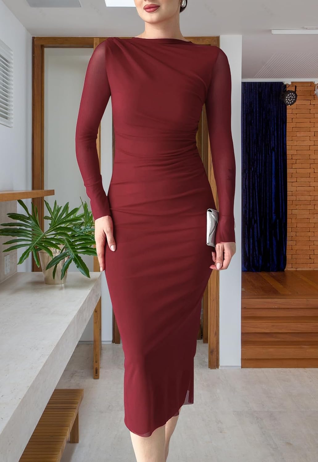 Women Ruched Bodycon Midi Dresses Sheer Long Sleeves Boat Neck Casual Formal Slim Fit Spring Fall Dress - Image 7